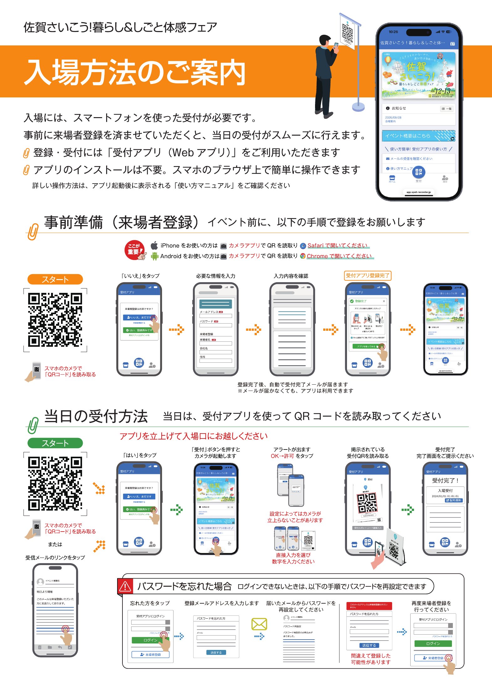 受付アプリの使い方（入場方法のご案内）。事前準備の来場者登録の手順、当日の受付方法、パスワードを忘れた場合の再設定方法を図で説明しています。